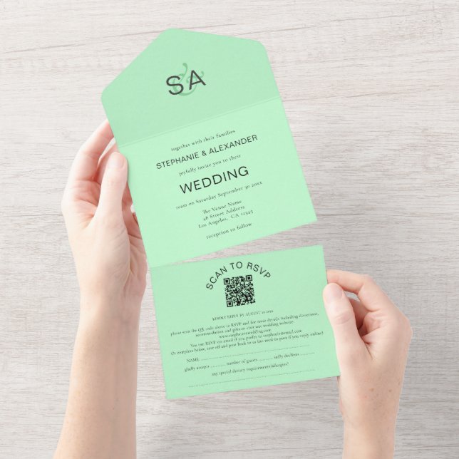 Minimalist Initials QR Code Mint Green Wedding All In One Invitation (Tearaway)