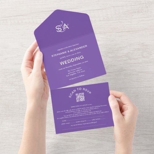 Minimalist Initials QR Code Purple Wedding All In One Invitation