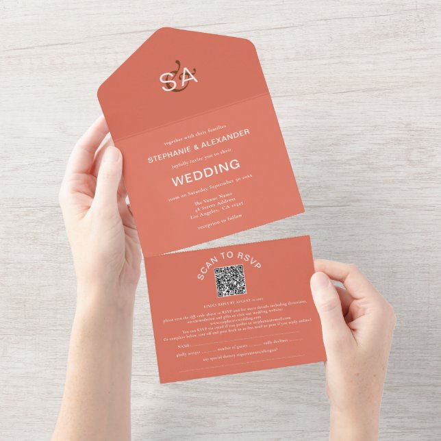Minimalist Initials QR Code Terracotta Wedding  All In One Invitation (Tearaway)