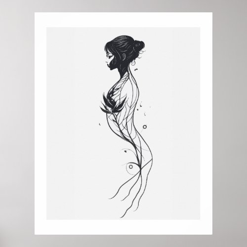 Minimalist Ink Floral Abstract girl Art in Black Poster
