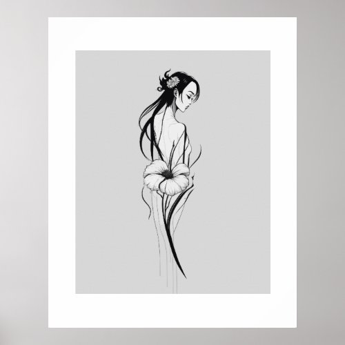 Minimalist Ink Floral Abstract girl Art in Black Poster