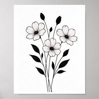 Minimalist Ink Flower Abstract Floral Art in Black Poster