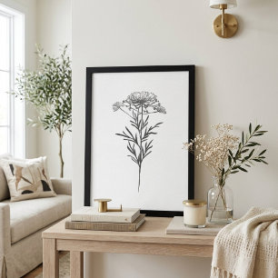 Minimalist Ink Flower Drawing In Black Framed Art