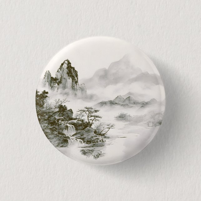 Minimalist Ink Misty Zen Mountain Landscape Button (Front)