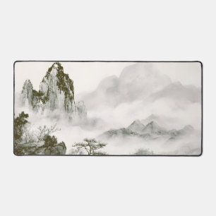 Minimalist Ink Misty Zen Mountain Landscape Desk Mat