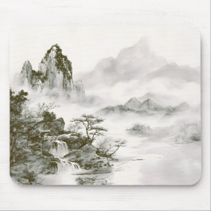 Minimalist Ink Misty Zen Mountain Landscape Mouse Pad