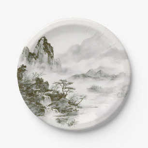 Minimalist Ink Misty Zen Mountain Landscape Paper Plates