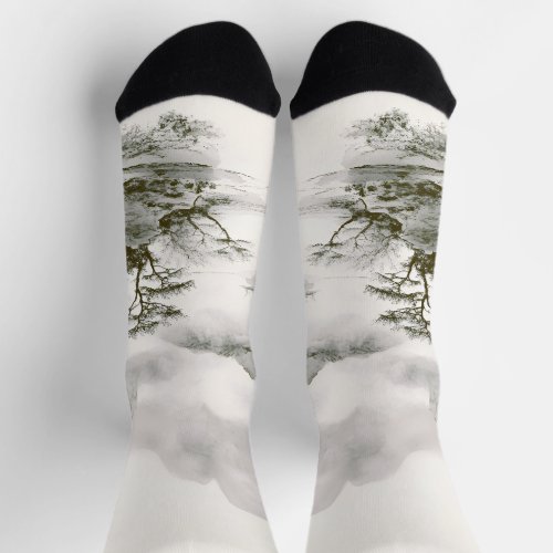 Minimalist Ink Misty Zen Mountain Landscape Socks