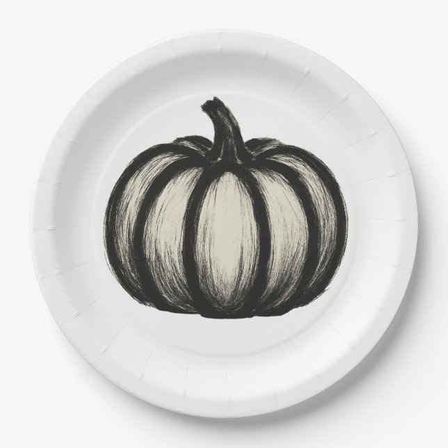 Minimalist Ink Pumpkin – Autumn Harvest Art on Paper Plates (Front)
