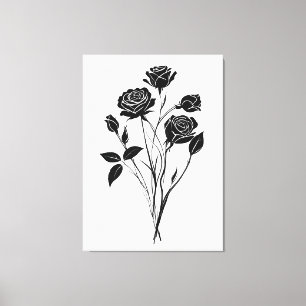 Minimalist Ink Roses Abstract Floral Art in Black Canvas Print