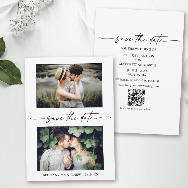 Minimalist Ink Script Couple 2 Photo QR Code Save The Date (Add your wedding website or social media web address to the QR Scan Code.)