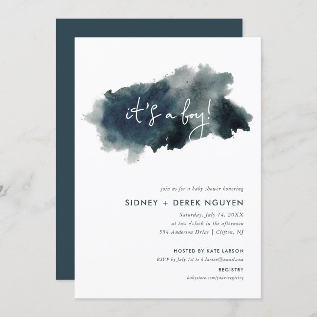 Minimalist Ink Wash It's a Boy Baby Shower Invitation