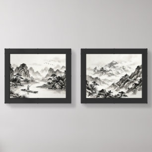 Minimalist Ink Wash-Li River & Himalayas Wall Art Sets