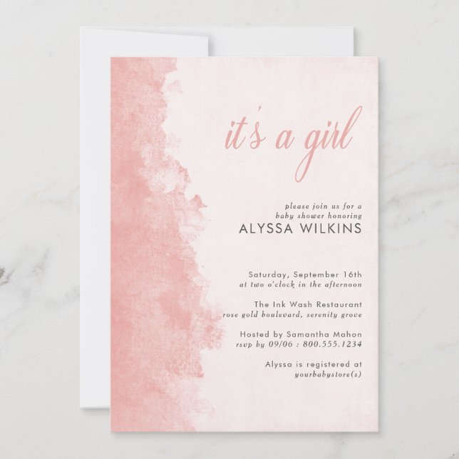 Minimalist Ink Wash Texture Its a Girl Baby Shower Invitation (Front)