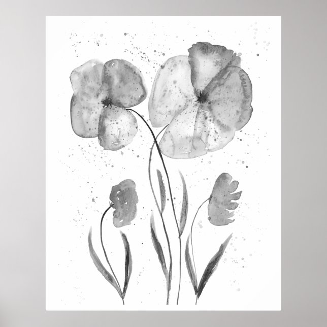 Minimalist Ink Watercolor Floral Flowers Black Art Poster (Front)