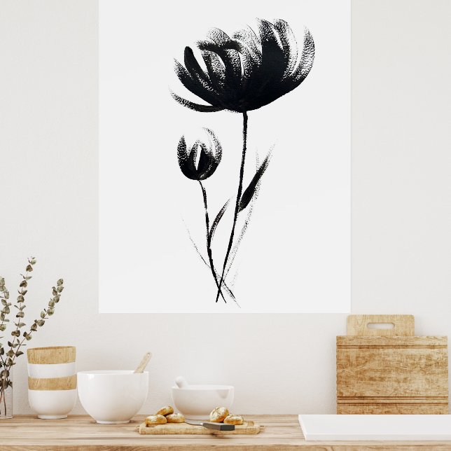 Minimalist Ink Watercolor Floral Flowers Black Art Poster (Kitchen)