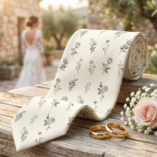 Minimalist Ivory and Black Sketch Botanical Neck Tie