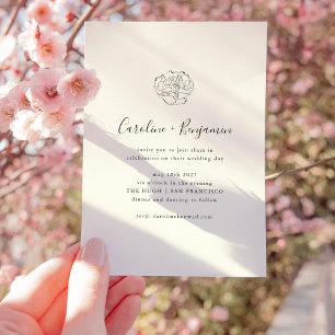 Minimalist Ivory Black Floral Drawing Boho Wedding Invitation