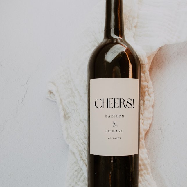 Minimalist Ivory "Cheers!" Custom Wedding Names Wine Label (Creator Uploaded)