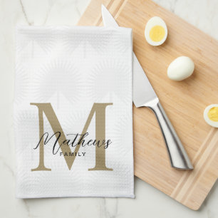 Minimalist Ivory Gold Anahaw Leaf Script Monogram Kitchen Towel