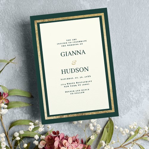 Minimalist ivory gold forest green glam wedding invitation
