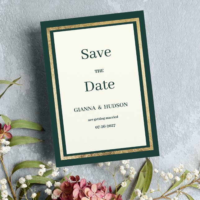 Minimalist ivory gold forest green Save the Date Invitation (Minimalist ivory gold forest green Save the Date)