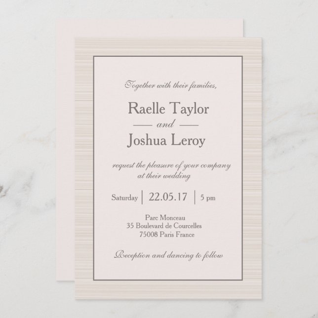 Minimalist ivory white latte gray stripes wedding invitation (Front/Back)