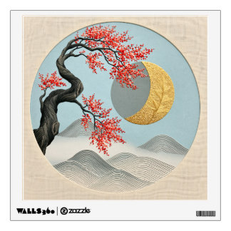 Minimalist Japanese Cherry Blossom Moon Landscape Wall Decal
