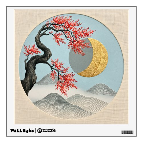 Minimalist Japanese Cherry Blossom Moon Landscape Wall Decal