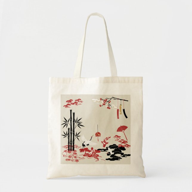 Minimalist Japanese Motifs: Cranes, Koi Fish, Bamb Tote Bag (Front)