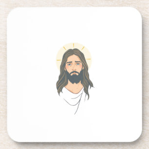 Minimalist Jesus with Blue Eyes – Pastel Christian Beverage Coaster