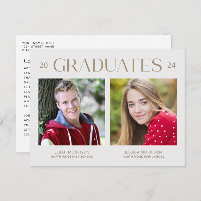Minimalist Joint Graduation Gold Two Photos Grad Postcard (Front/Back)