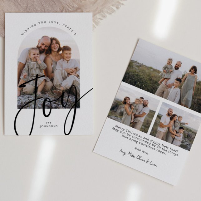 Minimalist Joy Modern Script Arch Photo Christmas Holiday Card (Creator Uploaded)