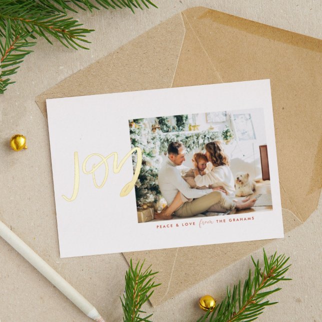 Minimalist Joy Photo Gold Foil Holiday Card (Gold foiled and hand lettered Joy minimalist photo holiday card.)