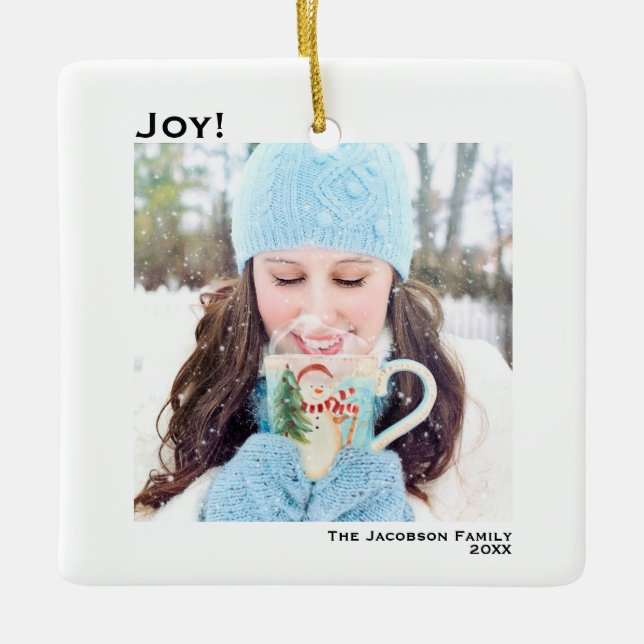Minimalist Joy Simple Christmas Holiday Photo Ceramic Ornament (Front)