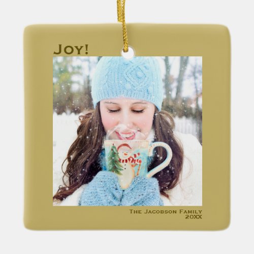 Minimalist Joy Simple Christmas Holiday Photo Gold Ceramic Ornament