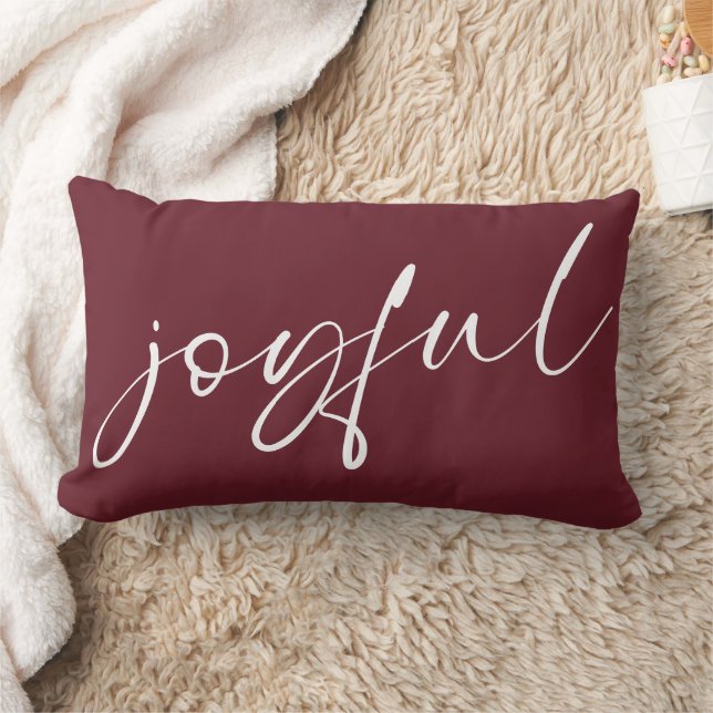 Minimalist Joyful Modern Calligraphy Burgundy Lumbar Pillow (Blanket)