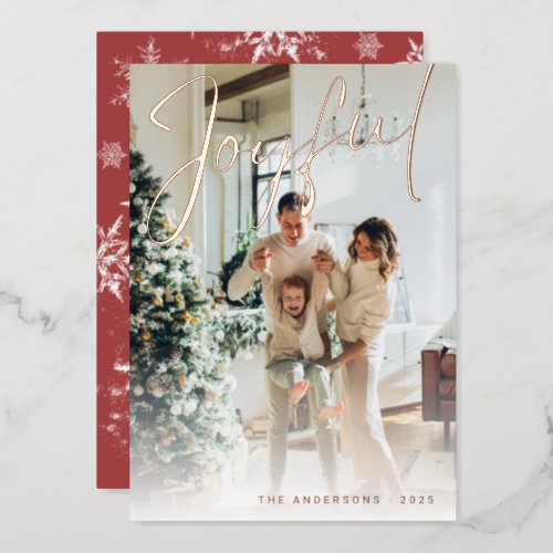 Minimalist Joyful Script Family Photo Snowflakes Foil Holiday Card