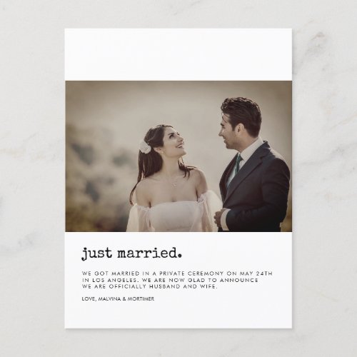 Minimalist Just married typewriter photo Postcard