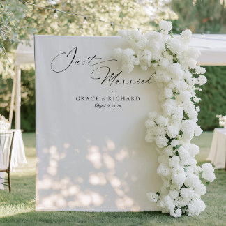 Minimalist Just Married Wedding Tapestry Backdrop 