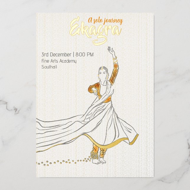 Minimalist Kathak Solo Dance Performance Foil Invitation (Front)