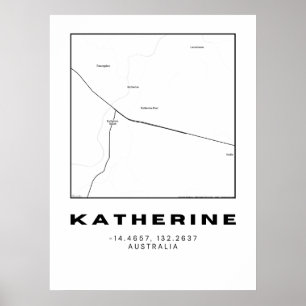 Minimalist Katherine Map with Coordinates Black Poster