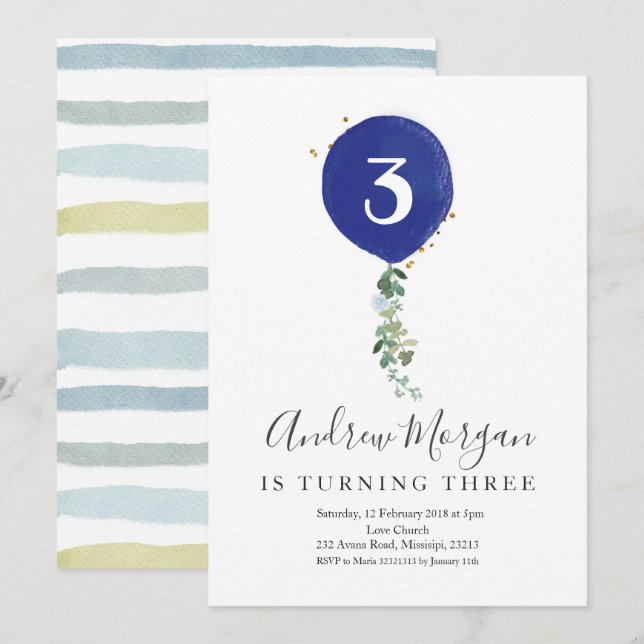 Minimalist Kid's Ballon Birthday for boy Invitation (Front/Back)