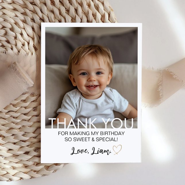 Minimalist Kids Birthday Photo Thank You Card (Creator Uploaded)