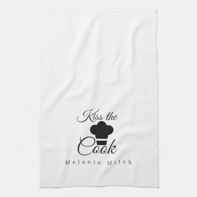 Minimalist Kiss the Cook Chef Hat Logo Kitchen Towel (Vertical)