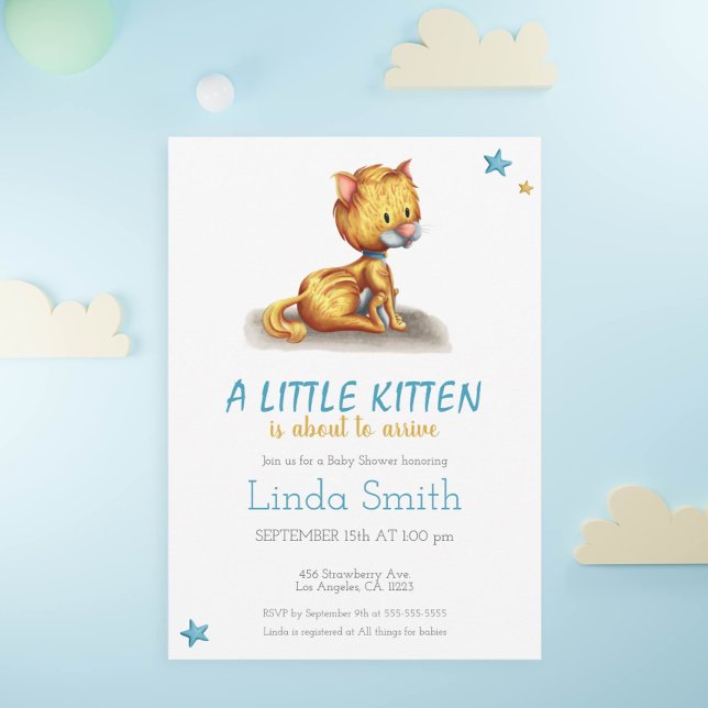 Minimalist Kitten Blue Boy Baby Shower Invitation