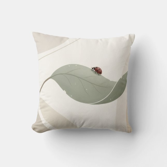Minimalist Ladybug on Sage Leaf Throw Pillow — Ele (Front)