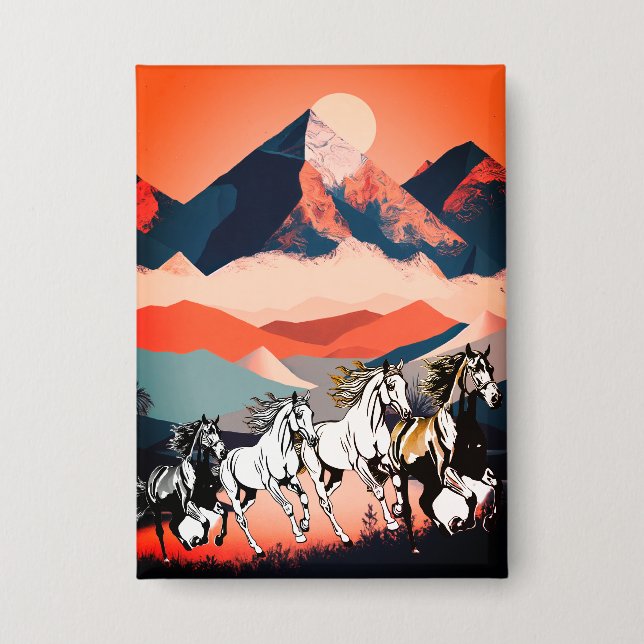 Minimalist Landscape Mountains & Running Horse -  Button (Front)