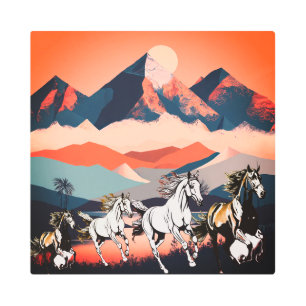Minimalist Landscape Mountains & Running Horse - Metal Print