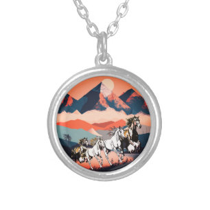 Minimalist Landscape Mountains & Running Horse - Silver Plated Necklace